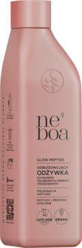 Różowa, kwadratowa butelka odżywki Ne’boa Glow Peptide, odbudowującej do włosów anti-age. Widok z przodu.