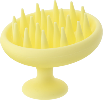 Pastelowo żółty masażer silikonowy do skóry głowy, z miękkimi wypustkami i ergonomiczną rączką, z przodu.