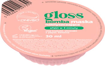 Różowa maska nabłyszczająca ONYBIO gloss bomba 30ml, w kubeczku, widok z góry, z zielonym napisem i kodem.