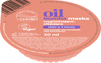 ONVEBIO Oil Bomba maska wygładzająco-olejująca 30ml, z olejami marula i awokado, w okrągłym różowym kubku. Widok z góry.