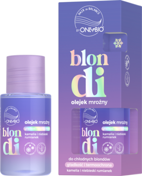 ONIMBIO Blondi olejek mroźny w fioletowej butelce obok dopasowanego pudełka, dla chłodnych blondów.
