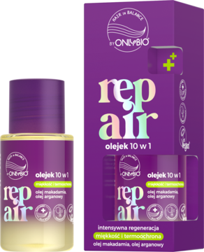 ONIMBIO rep air olejek 10 w 1 z olejem macadamia i arganowym, w fioletowej butelce i obok otwartego opakowania.