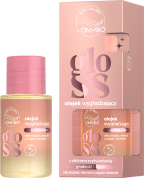 Olejek wygładzający ONMEBIO Gloss w różowo-brzoskwiniowej butelce i pudełku, z efektem rozświetlającym i drobinkami.