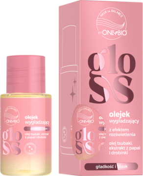 Różowy OnlyBio Gloss olejek wygładzający do włosów z olejem tsubaki i papai, z efektem rozświetlenia, w butelce i pudełku.