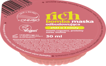 Różowa maska do włosów rich bomba odbudowująca 30 ml z masłem cupuaçu i proteinami owsa, widok z góry.