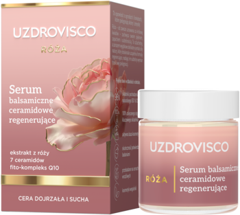 Uzdrovisco RÓŻA serum balsamiczne ceramidowe regenerujące do cery dojrzałej, w różowym słoiczku i pudełku.