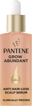Serum Pantene Pro-V Grow Abundant Anti Hair-Loss do skóry głowy, brzoskwiniowa butelka z pipetą, widok z przodu.