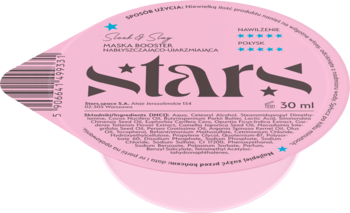 Różowy, okrągły pojemnik kremu do twarzy Stars 50 ml. Widoczny napis "Stay & Shiny" i szczegóły produktu. Widok z góry.