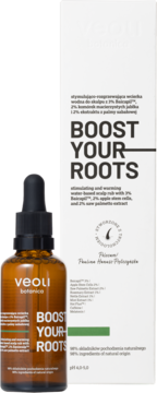 Veoli Botanica Boost Your Roots, rozgrzewająca wcierka wodna do skóry głowy, brązowa butelka z kroplomierzem i białe pudełko, widok z przodu.
