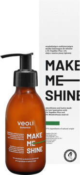 Veoli Botanica Make Me Shine maska laminująca w brązowej butelce z pompką i białym kartoniku, widok z przodu.