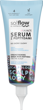 So!flow Scalpology serum z peptydami, błękitna tubka z iryzydującym detalem, widok z przodu.