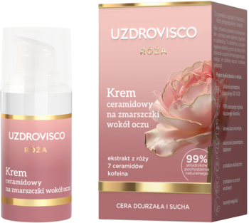 Krem pod oczy UZDROVISCO RÓŻA, ceramidowy na zmarszczki, w różowej butelce z pompką i kartoniku, widok z przodu.
