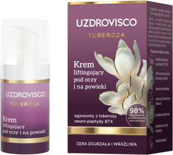 Krem UZDROVISCO TUBEROZA liftingujący pod oczy i powieki. Biała butelka z pompką obok purpurowego pudełka z kwiatem.