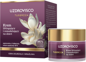 UZDROVISCO TUBEROZA krem liftingujący i remodelujący w fioletowym słoiczku, z otwartym pudełkiem i kwiatem tuberozy.