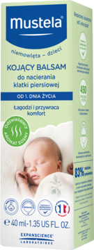 Mustela kojący balsam do nacierania klatki piersiowej, 40ml. Biało-niebieska tubka z dzieckiem i aromatem sosny.