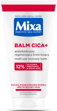 Mixa Balm Cica+ regenerujący krem w białej tubce, widok z przodu. Zawiera 12% gliceryny, pantenolu i skwalanu.