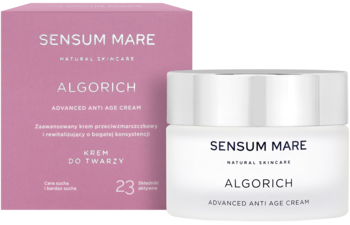 Krem przeciwzmarszczkowy Sensum Mare Algorich w białym słoiczku z różowym opakowaniem obok, z przodu.