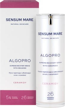 SENSUM MARE ALGOPRO serum odbudowujące z ceramidami w białym pudełku i butelce z pompką, widok z przodu.
