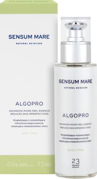Sensum Mare Algopro Micro Peel Essence z AHA+PHA, biała butelka z pompką i pudełko, widok z przodu.