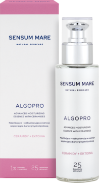 SENSUM MARE ALGOPRO Esencja nawilżająca z ceramidami. Biała butelka z pompką obok różowo-białego opakowania.