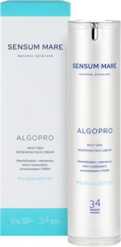 Biały SENSUM MARE Natural Skincare ALGOPRO Renewing Face Cream w pudełku i butelce z pompką, pod kątem.