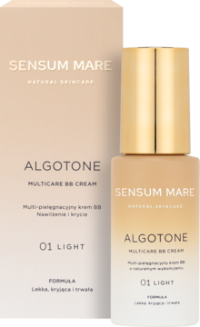 Sensum Mare Algotone krem BB 01 Light, multi-pielęgnacyjny, butelka ze złotą nakrętką obok beżowego pudełka.