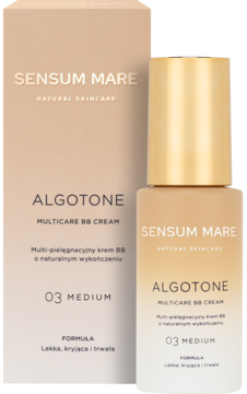 Sensum Mare Algotone Multicare BB Cream 03 Medium, butelka z beżowym gradientem, złotym korkiem i pasujące pudełko.