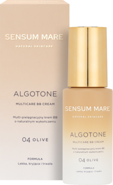 Butelka kremu BB Sensum Mare Algotone 04 Olive z pompką, obok dopasowanego pudełka. Odcień dla oliwkowej karnacji.