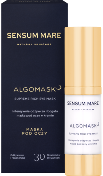 Sensum Mare Algomask, kremowa maska pod oczy. Ciemnogranatowe pudełko i złoto-biała butelka, widok z przodu.