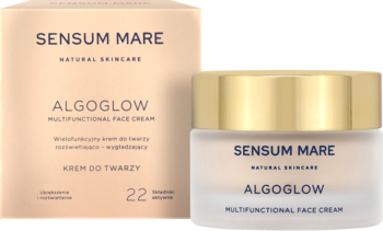 Sensum Mare Algoglow, wielofunkcyjny krem rozświetlający w matowym słoiku ze złotą nakrętką i pudełku.