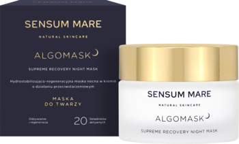 SENSUM MARE ALGOMASK maska regenerująca na noc, biały słoik ze złotą nakrętką i granatowe pudełko, widok z przodu.