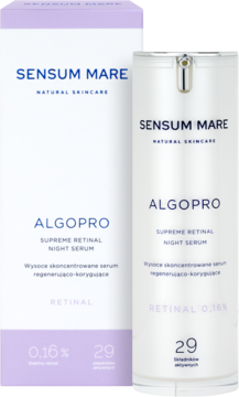 SENSUM MARE ALGOPRO SUPREME RETINAL NIGHT SERUM 0.16% w białej butelce z pompką i fioletowo-białym pudełku.