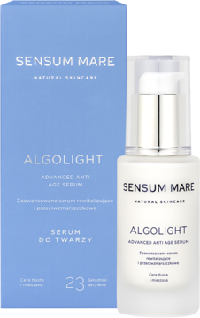 Sensum Mare Algolight Advanced Anti Age Serum do cery tłustej, w butelce z pompką i niebieskim pudełku.