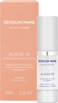 SENSUM MARE ALGOEYE lifting serum pod oczy w białej butelce z niebieskim napisem, obok brzoskwiniowe pudełko.