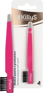 Różowe pęsety skośne KillyS z grzebykiem do brwi w blistrze, część widoczna poza opakowaniem.