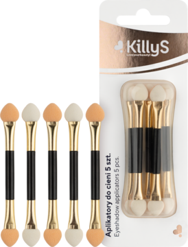 Opakowanie aplikatorów do cieni KillyS (5 szt.) i obok kilka luźnych sztuk. Dwustronne, beżowe gąbki, złote rączki.