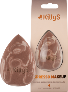 KillyS Soft 3D makeup sponge Espresso Makeup, brązowo-biały marmur, widok z przodu obok opakowania.