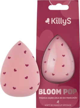 Różowa gąbeczka KillyS Bloom Pop do makijażu z serduszkami, widok przód, obok różowego opakowania.