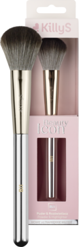 Zestaw KillyS Beauty Icon: duży pędzel do pudru i mniejszy do rozświetlacza, w srebrno-złotych uchwytach, w różowym pudełku.