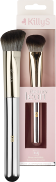Zestaw dwóch pędzli KillyS Beauty icon do bronzera i różu, w srebrno-złotym wykończeniu, z różowym opakowaniem.