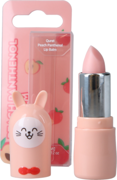 Różowy balsam do ust Peach Panthenol w brzoskwiniowej tubce z nakrętką-królikiem oraz oryginalne opakowanie z brzoskwiniami.