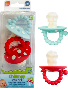 Dwa kolorowe gryzaki silikonowe grzybki, czerwony i niebieski, jeden w opakowaniu, łagodzą ząbkowanie.