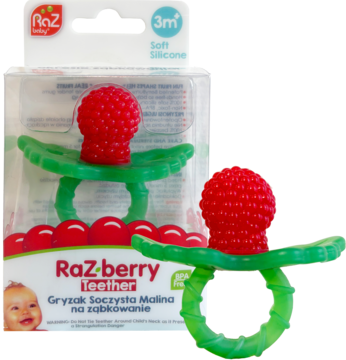 Dwa silikonowe gryzaki RaZ-berry w kształcie czerwonej malinki z zieloną rączką, jeden w pudełku, drugi z przodu.