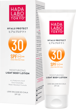 HADA LABO TOKYO Hyalu Protect nawilżający balsam do ciała SPF 30 w białej tubie i pudełku.