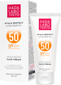 HADA LABO TOKYO Hyalu Protect Moisturizing Face Cream SPF 50. Biała tubka i pudełko z pomarańczowym oznaczeniem 50.
