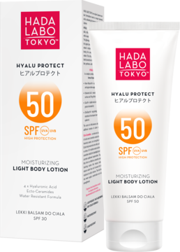 HADA LABO TOKYO Hyalu Protect Moisturizing Body Lotion SPF 50. Biała tubka i opakowanie, pomarańczowe logo 50 SPF.