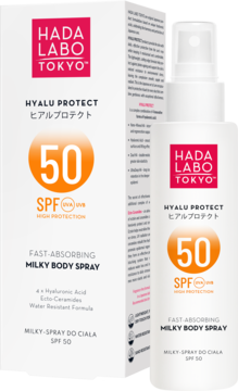 HADA LABO TOKYO Hyalu Protect SPF 50 mleczny spray do ciała w białej butelce z pomarańczowym akcentem, obok opakowanie.