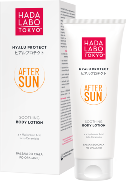 Hada Labo Tokyo Hyalu Protect After Sun Soothing Lotion, biała tubka i pudełko, widok przód/bok.