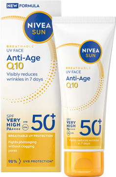 NIVEA SUN Anti-Age Q10 SPF50+ krem w białej tubce i opakowaniu z żółtymi i niebieskimi akcentami, widok z przodu.