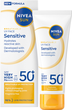 NIVEA SUN Breathable UV Face Sensitive SPF 50+ PA++++, biała tubka i pudełko z żółtym akcentem, widok z przodu.